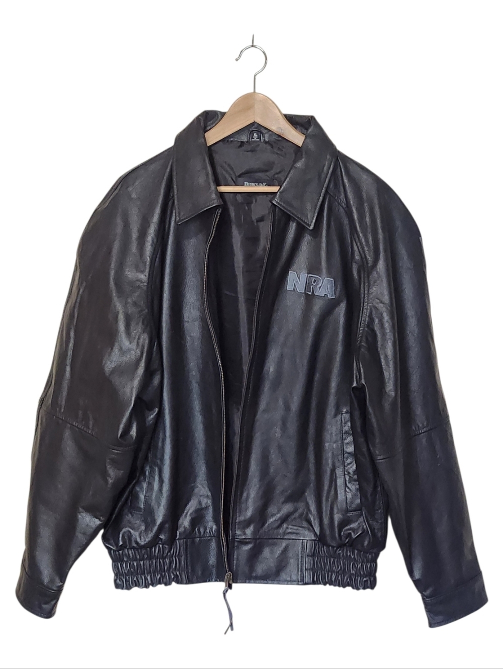 NRA Black Leather Burks Bay Bomber Jacket Size XL